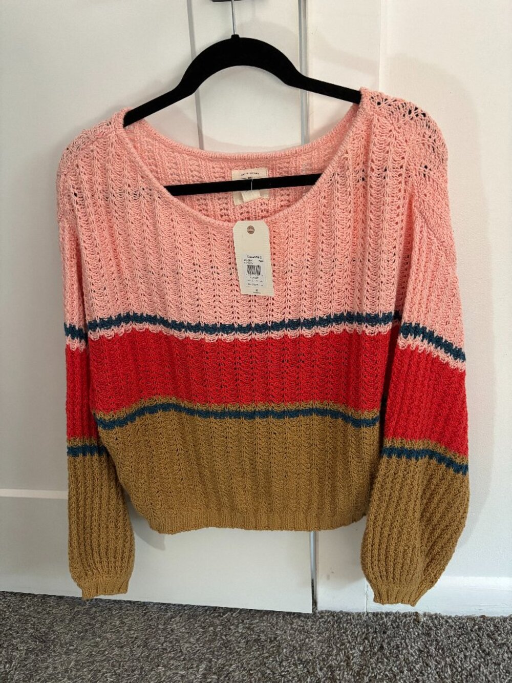 NWT Billabong Woven Dreams Sweater XL Pink Colorblock Knit Pullover Boho Cotton